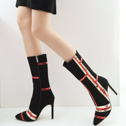 Women faux suede fashion patchwork stiletto high heel mid calf dress boots