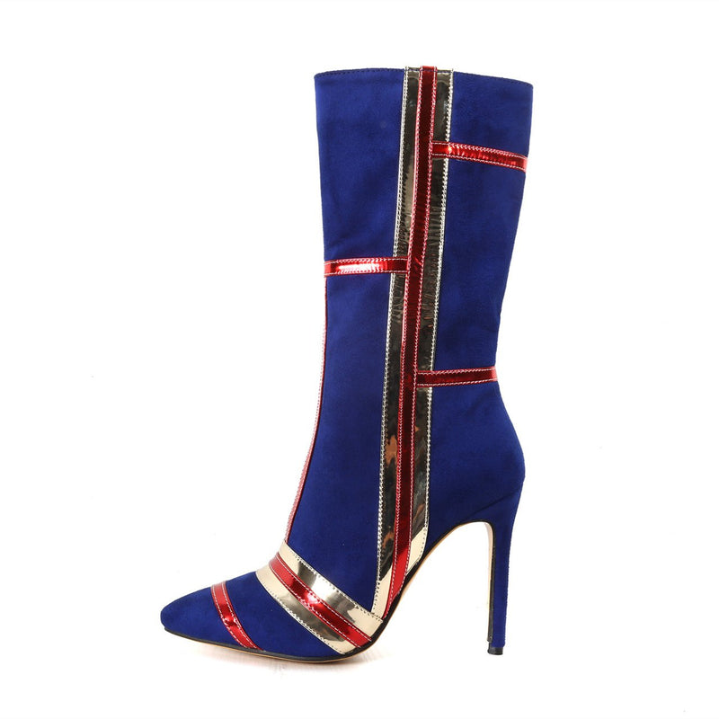 Women faux suede fashion patchwork stiletto high heel mid calf dress boots