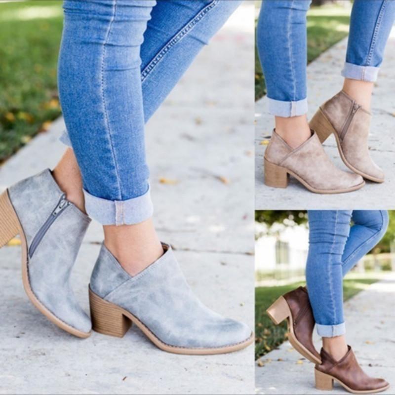 Side Zip Chunky Booties Low Heel Closed Toe Faux Stacked Ankle Boots - fashionshoeshouse