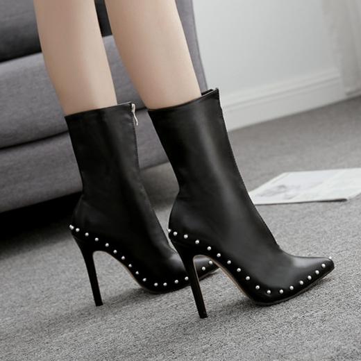 Women's studded pointed toe front zipper stiletto dress booties