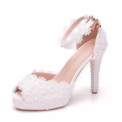 Women's white flroal lace pearls peep toe bridal shoes 4 inch