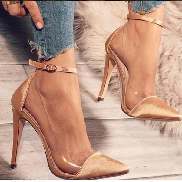 Women's clear patchwork ankle strap buckle stiletto high heels sandals