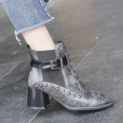 Women's vintage rivets buckle strap chelsea boots chunky block heels ankle booties