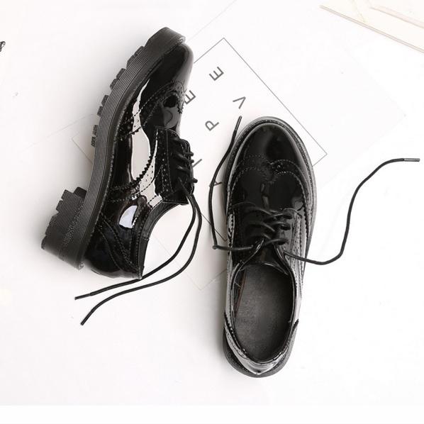 Women's black thick platform classic brogue oxfords shoes PU patent leather lace-up