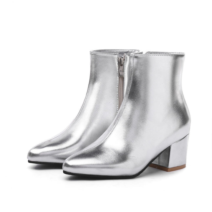 Women silver gold short plush lining block heel ankle booties
