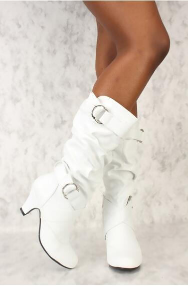 Pure Color Wineglass Heel Double Breasted Strap Buckle Wide Mid Calf Boots - fashionshoeshouse