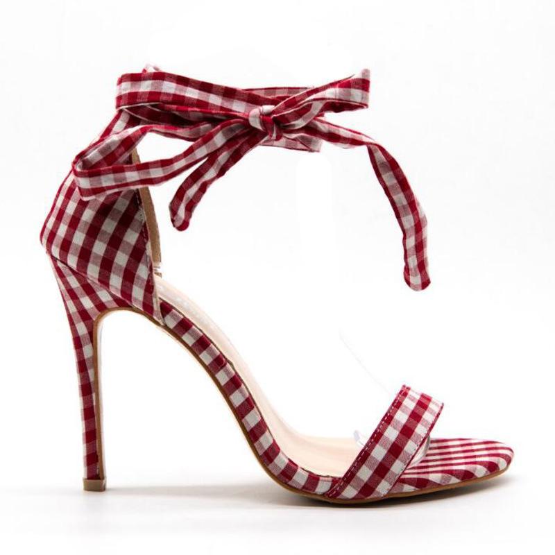 Women's plaid sexy ankle lace-up stiletto heels ankle bowknot fashion heels