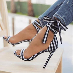 Women's plaid sexy ankle lace-up stiletto heels ankle bowknot fashion heels