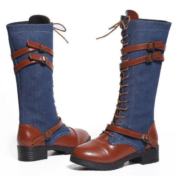 Womens's denim mid calf boots low heel buckle strap lace-up boots