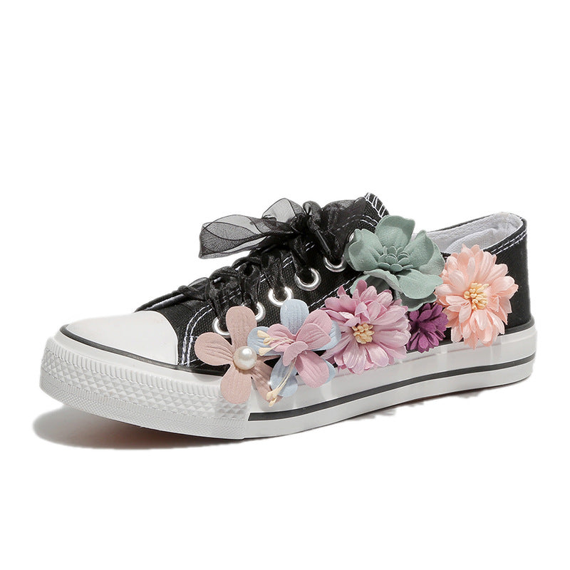 Women Flowers Casual Lace Up Flat Heel Sneakers - fashionshoeshouse