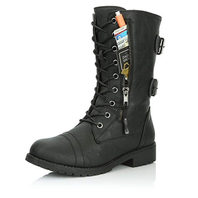 Women Lace up Mid Calf Hide Credit Card Knife Money Wallet Extra Pocket Military Combat Boots - fashionshoeshouse