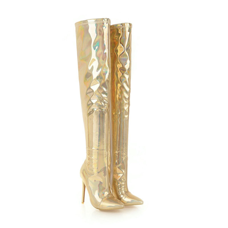 Silver gold metal mirror slim fit stiletto high heeled over the knee boots for party club