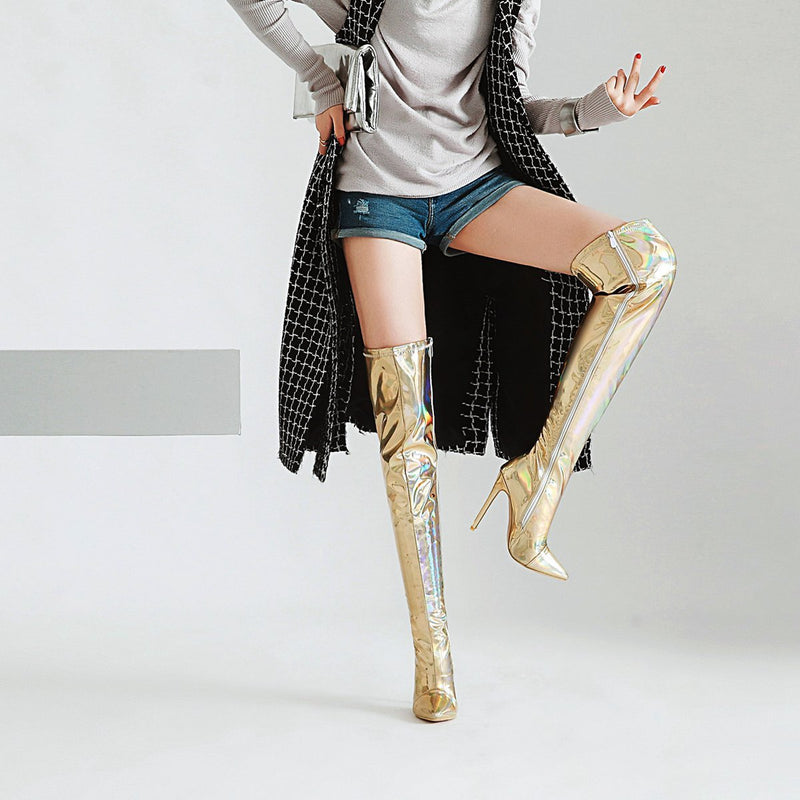 Silver gold metal mirror slim fit stiletto high heeled over the knee boots for party club