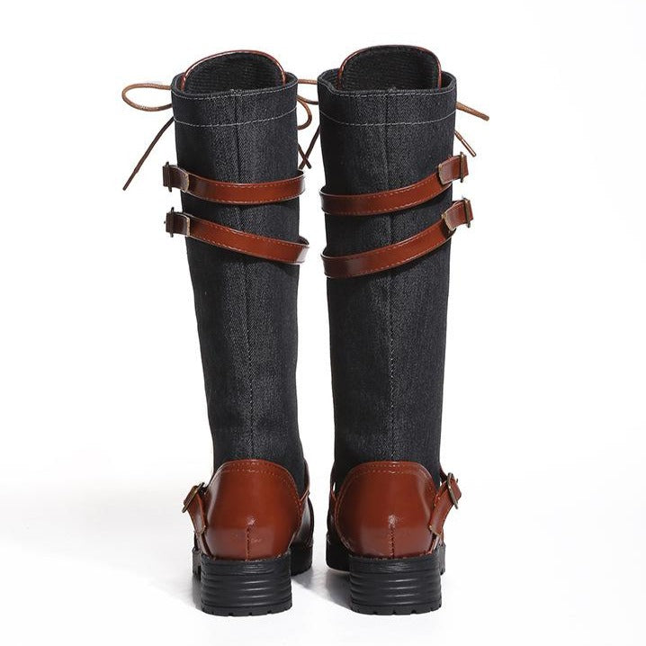 Womens's denim mid calf boots low heel buckle strap lace-up boots