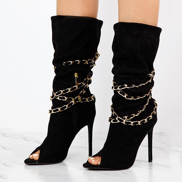 Peep toe metal chain d¨¦cor mid calf slouch stiletto high heels