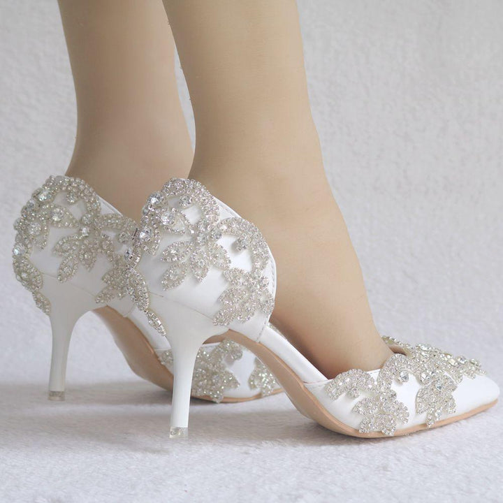Women's rhinestone wedding heels pointed closed toe d’Orsay pumps for party