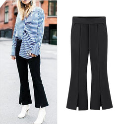 Women's black split hem cropped flare pants elastic high waist spring summer slim pants