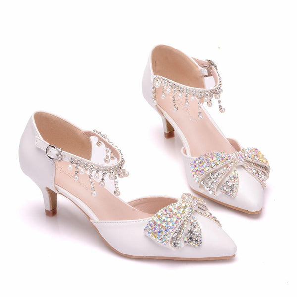 White rhinestone bowknot pearls ankle strap wedding sandals 2" kittten heel