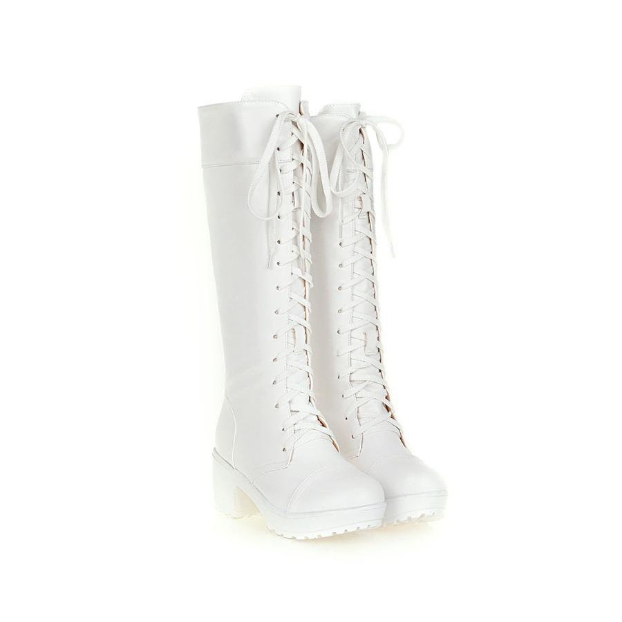 Women retro front-lace chunky block heel knee high riding boots