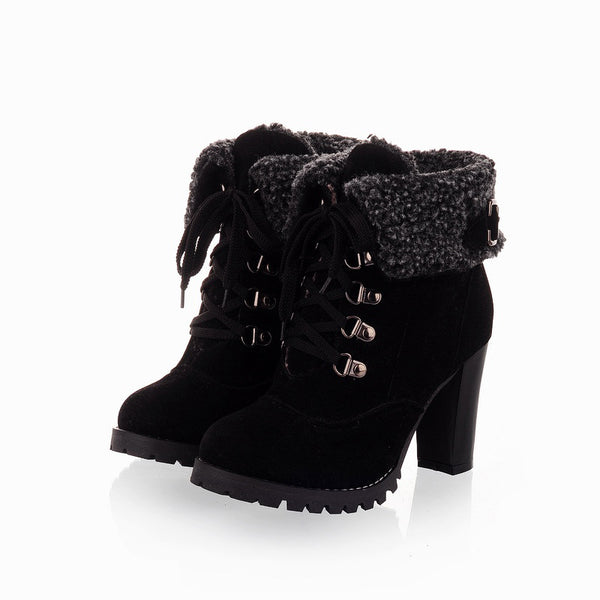 Women Fashion Fuzzy Boots Turn Down Studded Chunky High Heel Lace Up Short Fur Boots