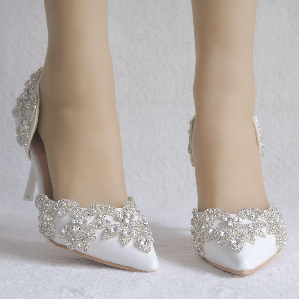 Women's rhinestone wedding heels pointed closed toe d’Orsay pumps for party
