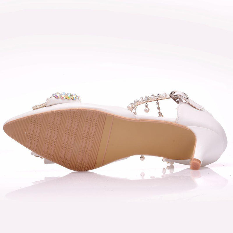 White rhinestone bowknot pearls ankle strap wedding sandals 2" kittten heel