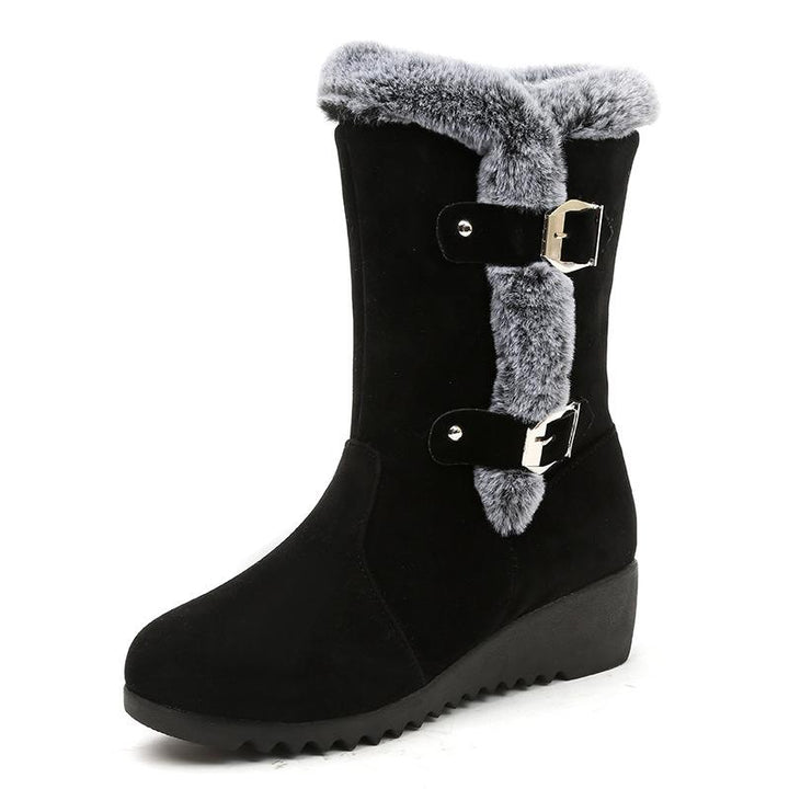 Women's fuzzy faux fur lined buckle strap snow boots mid calf wedge heel snow boots