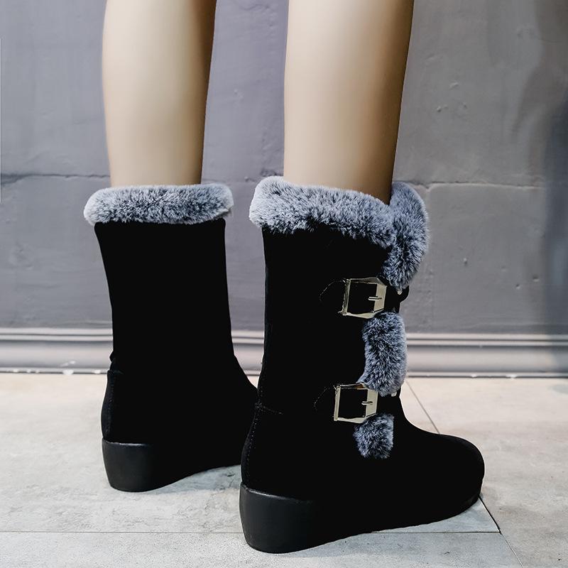 Women's fuzzy faux fur lined buckle strap snow boots mid calf wedge heel snow boots