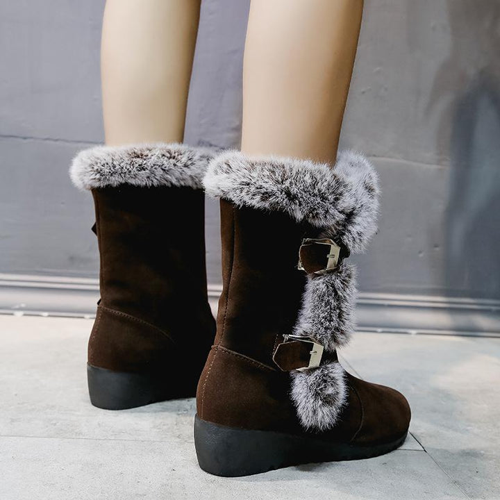 Women's fuzzy faux fur lined buckle strap snow boots mid calf wedge heel snow boots