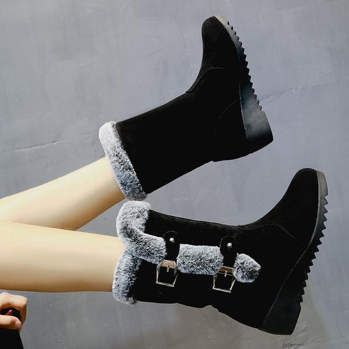 Women's fuzzy faux fur lined buckle strap snow boots mid calf wedge heel snow boots