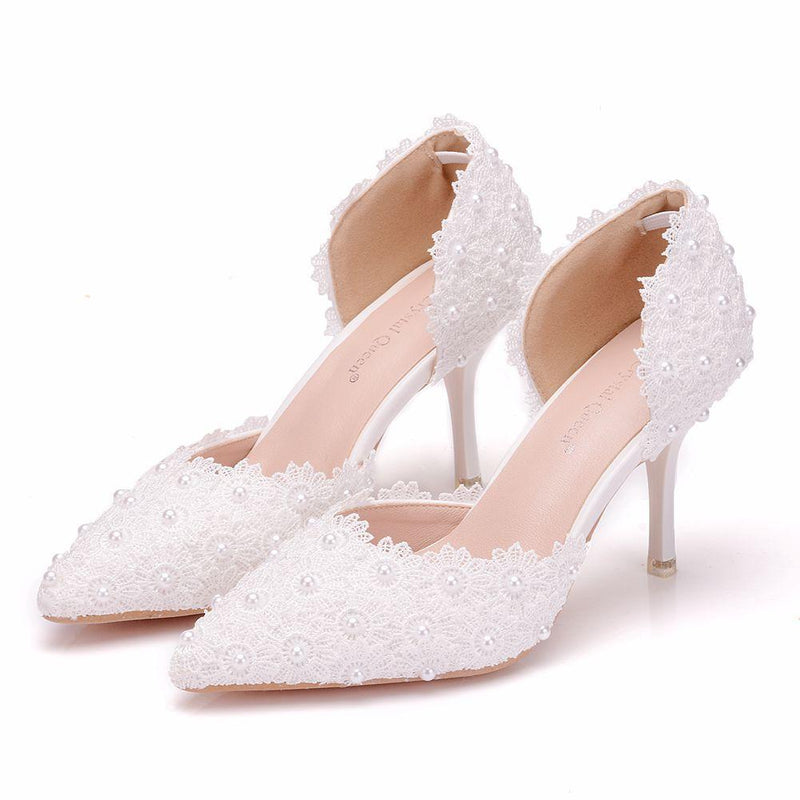 3" Floral lace pearls d’Orsay pumps wedding shoes pointed closed toe