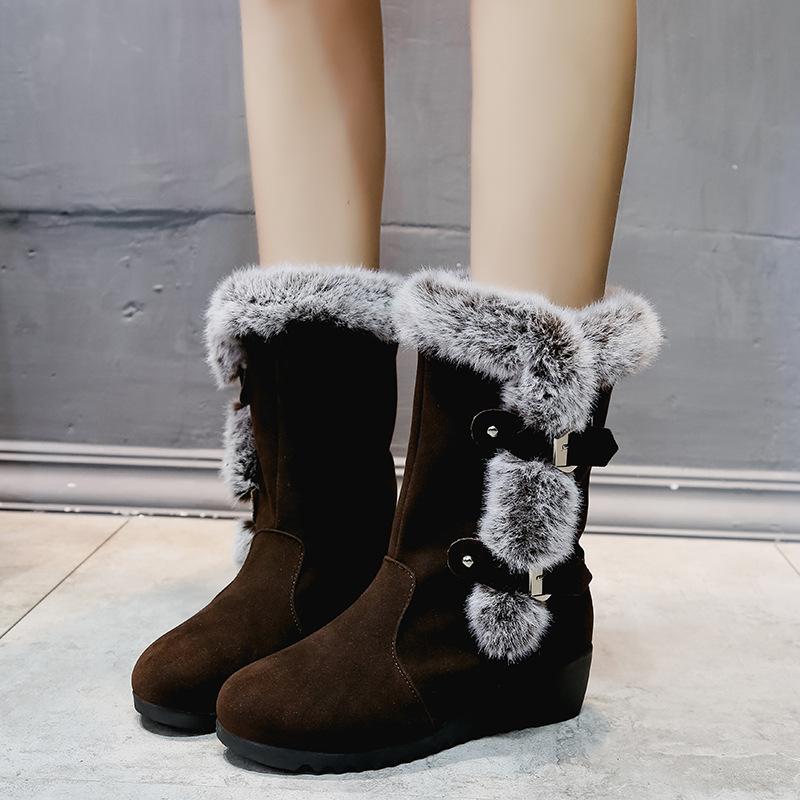 Women's fuzzy faux fur lined buckle strap snow boots mid calf wedge heel snow boots