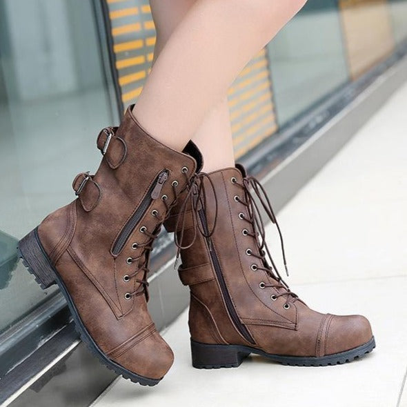 Women's mid calf combat boots chunky low heel zipper boots