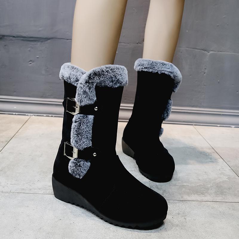 Women's fuzzy faux fur lined buckle strap snow boots mid calf wedge heel snow boots