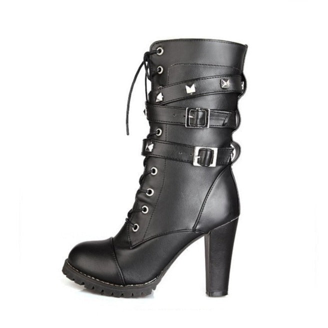 Women's heeled combat boots studded buckle strappy boots