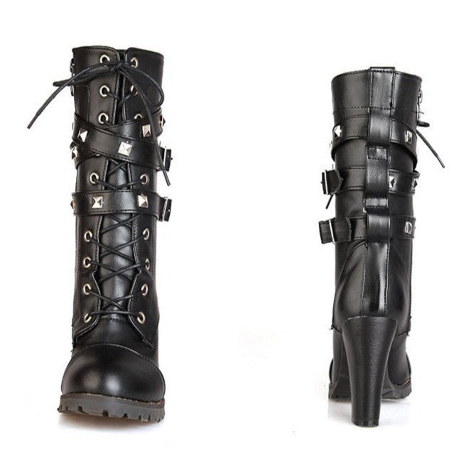 Women's heeled combat boots studded buckle strappy boots