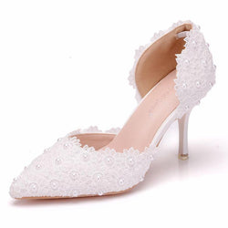 3" Floral lace pearls d’Orsay pumps wedding shoes pointed closed toe
