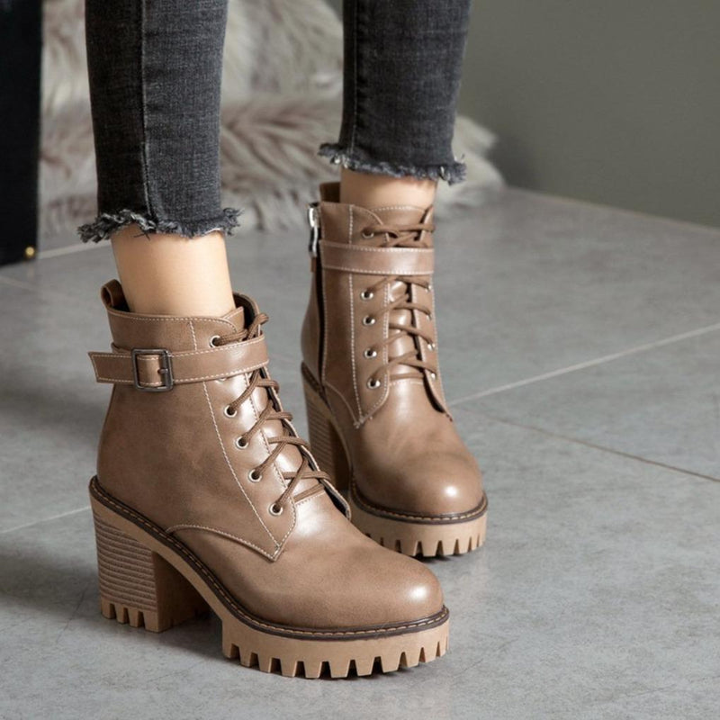 Women's block heel combat boots with side zippers