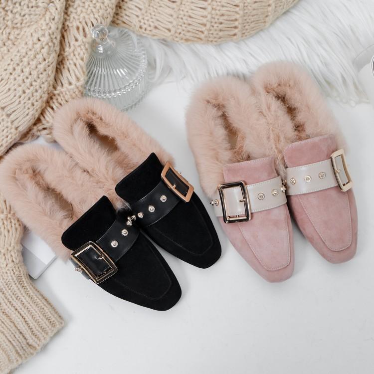Women winter fluffy warm slip on flats | buckle strap loafers