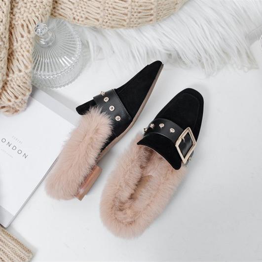 Women winter fluffy warm slip on flats | buckle strap loafers