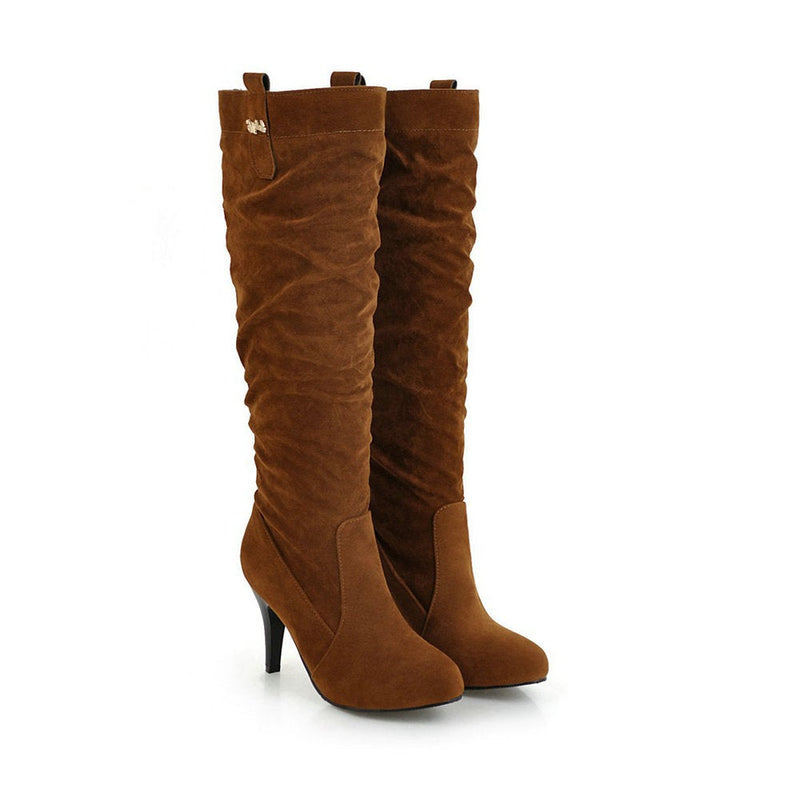 Faux suede high heeled knee high slouch boots for women