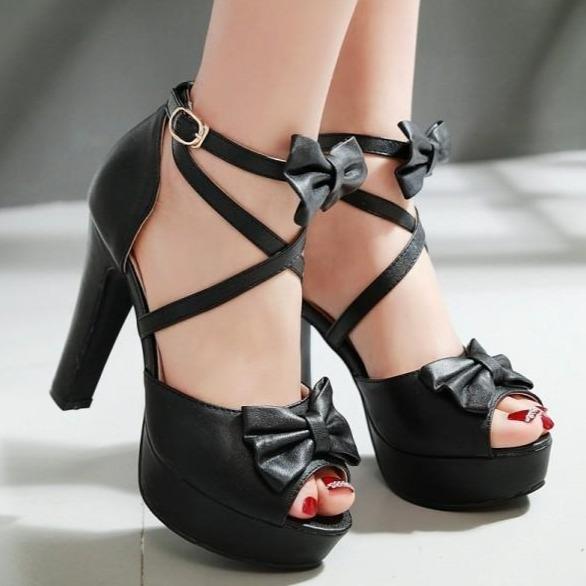 Women's chunky peep toe cute bowknot heels sandals