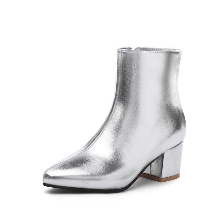 Women silver gold short plush lining block heel ankle booties