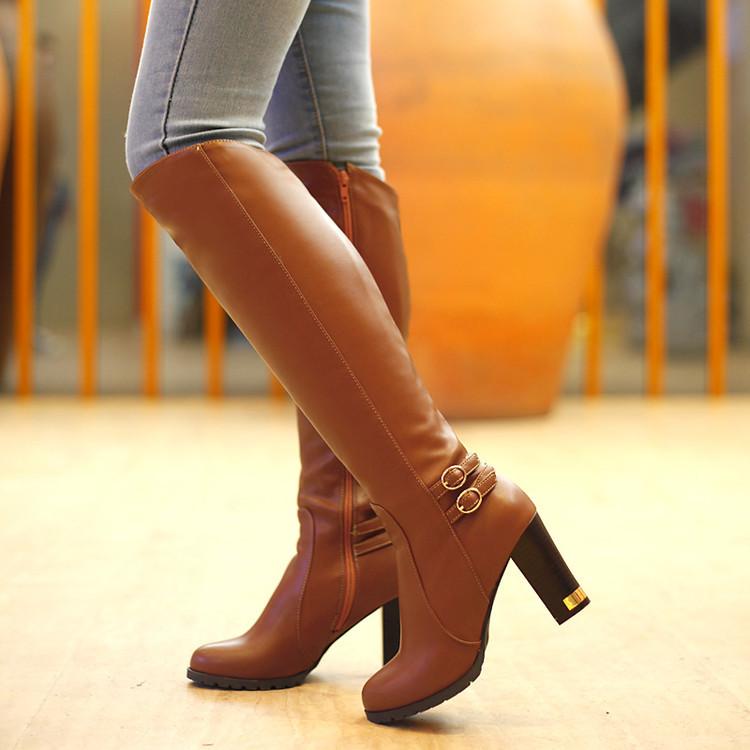 Women's heeled knee high boots elegant buckle strap zipper boots