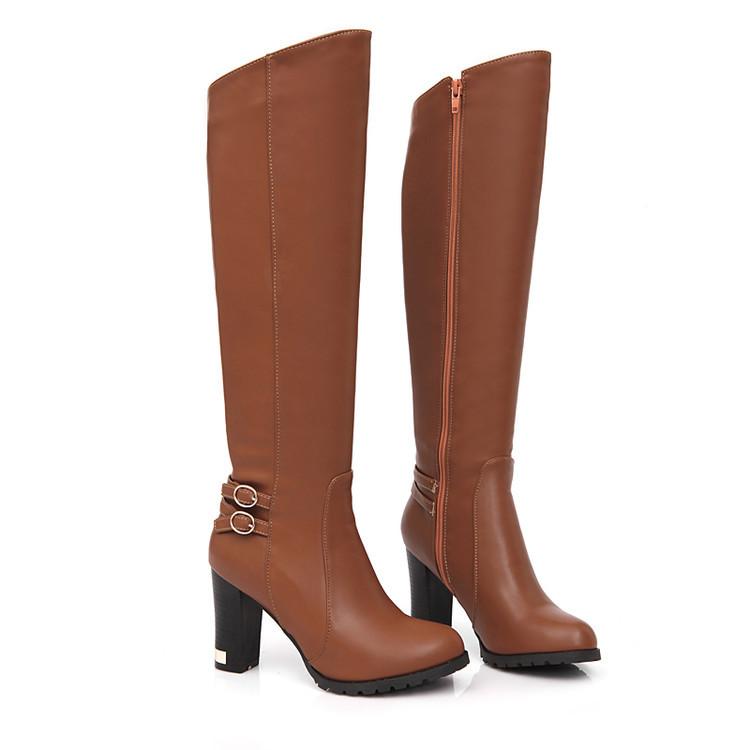 Women's heeled knee high boots elegant buckle strap zipper boots