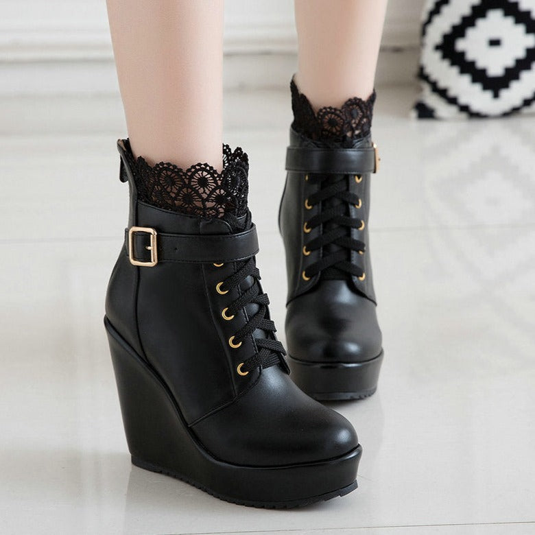 Floral lace stitching trim wedge heel ankle boots for women Lace-up wedge combat booties