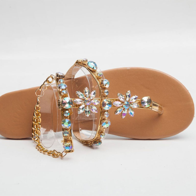 Women's colorful crystal t strap beach sandals with ankle strap
