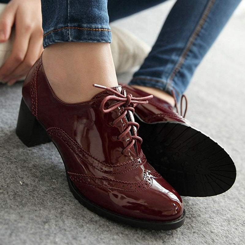 Women's round toe lace-up wingtips brogue oxfords shoes Classic block heels oxfords