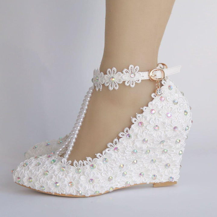 White lace pearls closed toe 3" wedge wedding sandals