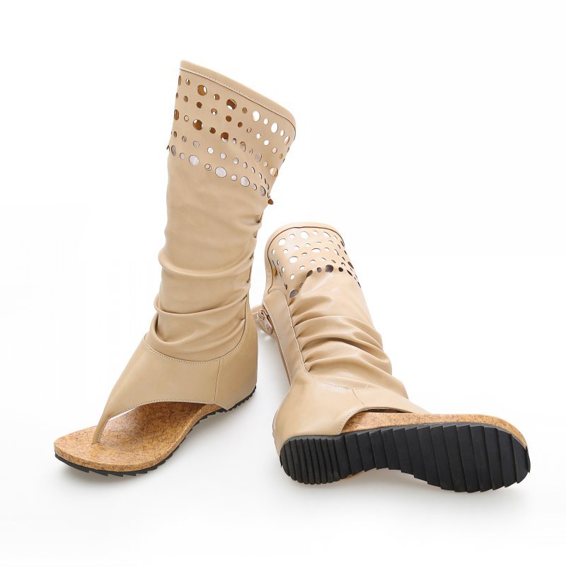 Women's clip toe hollowed mid calf summer boots Roman style clip toe knee high sandals